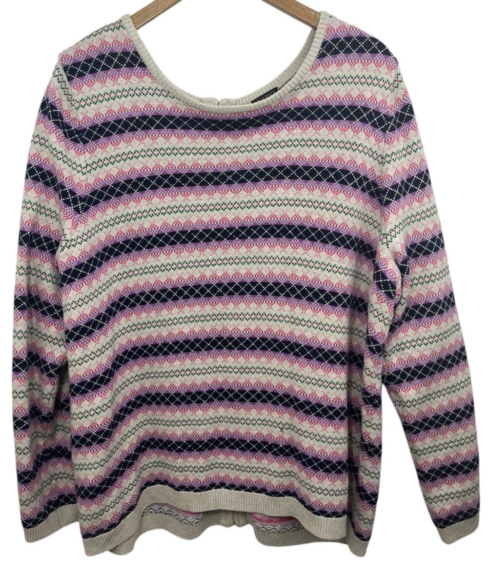 Talbots Sweater Women’s 2X Fair Isle Zip Back Multicolor Pullover Pink Plus Size
